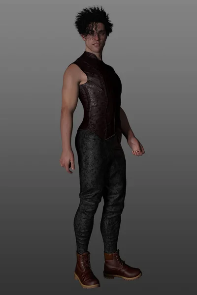 一个穿着哥特式衣服 一头卷曲的黑发 与灰色背景隔离的迷人的幻想男人的3D渲染 — 图库照片
