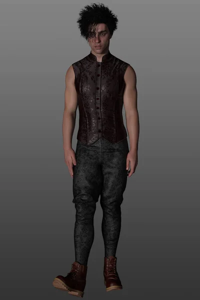stock image 3 d render of an attractive fantasy man in an gothic clothing with curly black hair, isolated on a grey background.