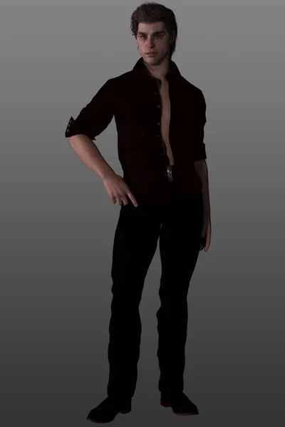 Привлекательный Молодой Человек Черной Рубашке Брюках Позирует Изолированном Фоне — стоковое фото