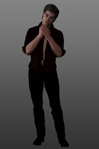 Atrakcyjny Młodzieniec Czarnej Koszuli Spodniach Pozujący Odosobnionym Tle — Zdjęcie stockowe