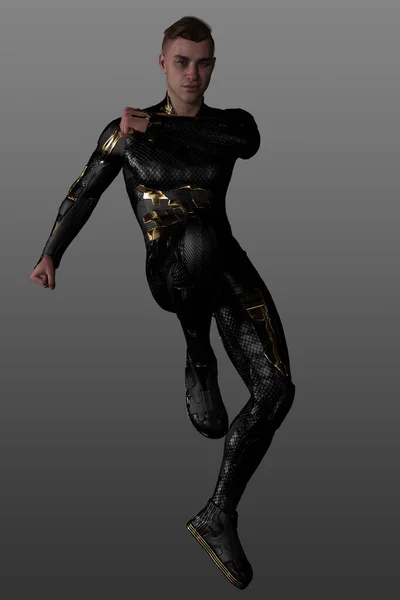 Renderowanie Człowieka Noszącego Czarny Złoty Strój Science Fiction Członek Załogi — Zdjęcie stockowe