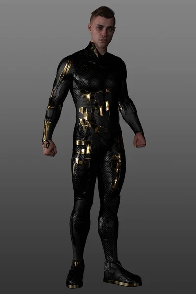 Siyah Altın Rengi Bilim Kurgu Kıyafeti Giyen Bir Adamın Boyutlu — Stok fotoğraf