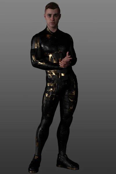 Cg渲染一个身穿黑色和金色科幻服装的男人 空间飞行任务机组人员 — 图库照片
