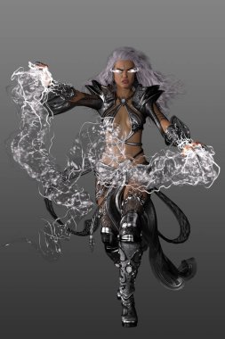 Di Inferi tanrıçasının gümüş alev büyüsüyle üç boyutlu görüntüsü. İzole edilmiş arka planda fantezi elbiseli genç bir kadın..