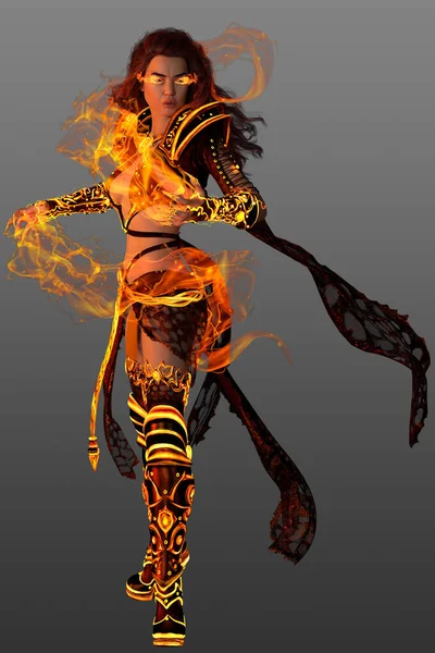 オレンジ色の炎の魔法でディ インフェリ女神の3Dレンダリング 孤立した背景にファンタジーの服を着た若い女性 — ストック写真