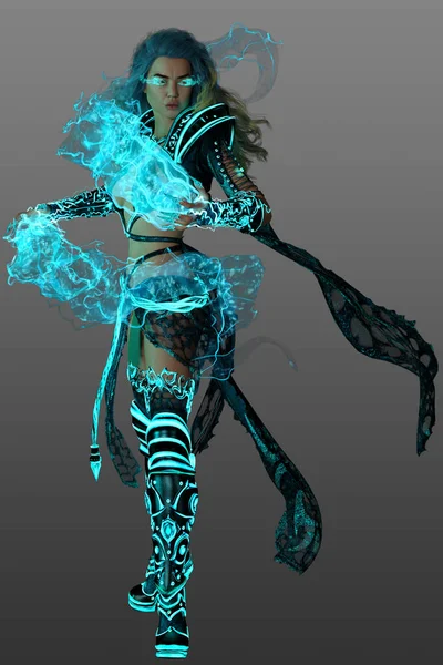 Render Inferi Goddess Turquoise Flame Magic Young Woman Fantasy Clothing — Stock Photo, Image