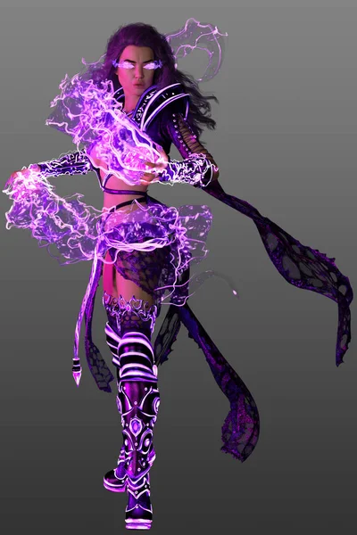 黛安费里女神的3D渲染具有紫色火焰魔法 穿着奇装异服 背景偏僻的年轻女子 — 图库照片