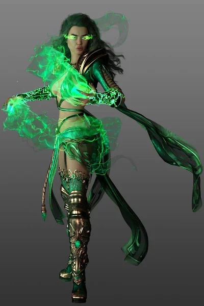 Vykreslení Bohyně Inferi Zeleným Plamenem Mladá Žena Fantasy Oblečení Izolovaném — Stock fotografie