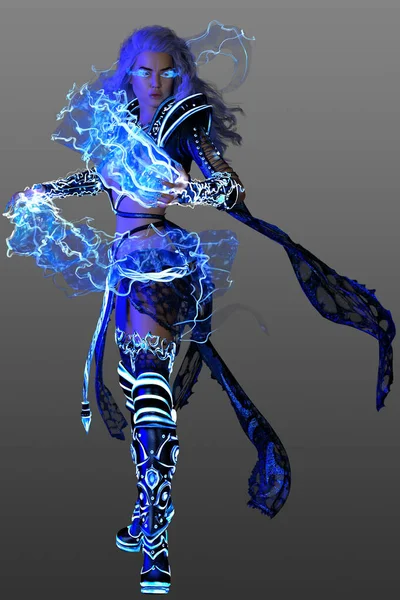 Рендеринг Богині Інфері Темно Синьою Магією Полум Молода Жінка Фантастичному — стокове фото
