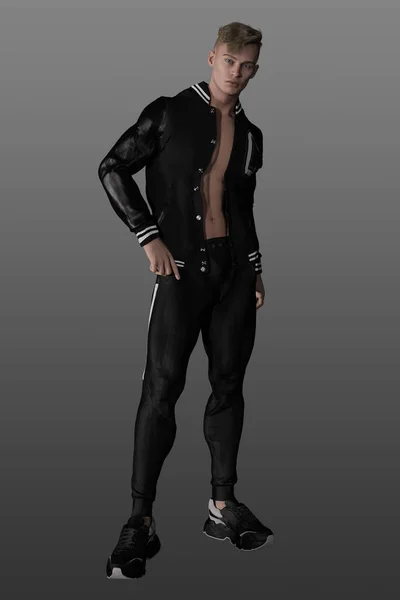 Мускулистый Молодой Человек Черных Трениках Куртке Изолированном Фоне Студент Колледжа — стоковое фото
