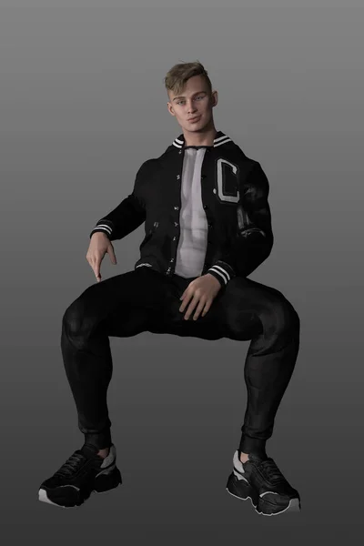 Muscular Young Man Black Sweatpants Sweatshirt Jacket Isolated Background College — Stock Photo, Image