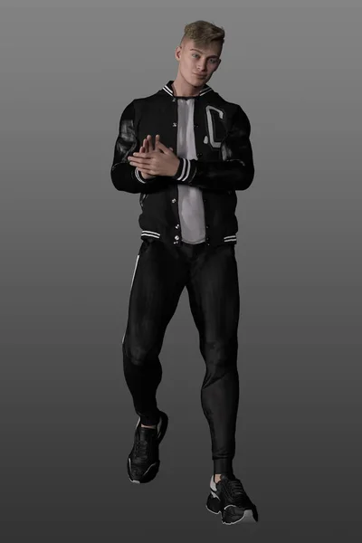 Muskulöser Junger Mann Schwarzer Jogginghose Sweatshirt Und Jacke Vor Isoliertem — Stockfoto