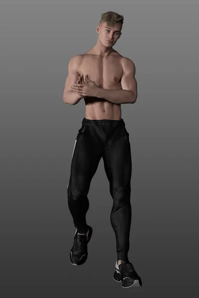 Muskulöser Junger Mann Schwarzer Jogginghose Vor Isoliertem Hintergrund Hemdloser College — Stockfoto