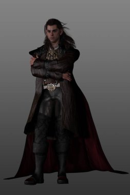 3 d render of fantasy man with pointy ears and fantasy clothes. Elf warrior in fantasy outfit. clipart