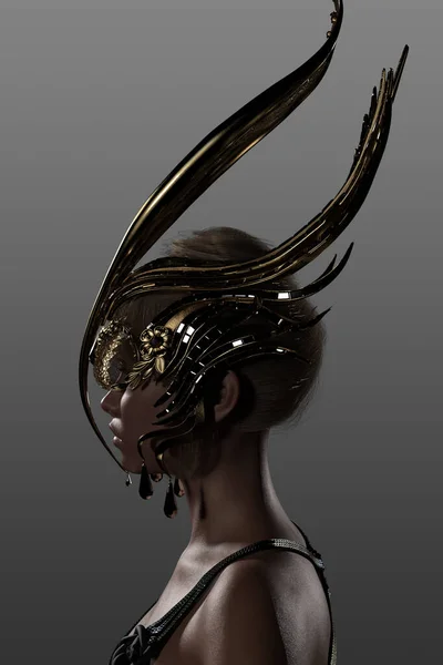 Beautiful Girl Gold Mask Headdress Beauty Concept Close Profile Head — Stock Photo, Image