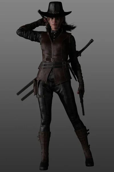 3D渲染一个女战士 怪物猎人 魔鬼杀手 摆姿势与手枪和两把剑绑在她的背部 — 图库照片