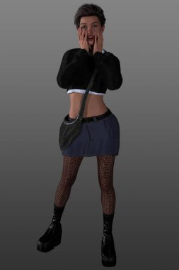 Kısa saçlı, sıradan bir kıyafet giymiş genç bir kadının 3 boyutlu görüntüsü. Şehir fantezisi, Genç Yetişkin karakteri.