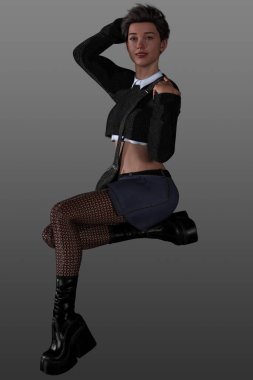 3D render of a young female character with short hair, wearing a casual outfit. Urban fantasy, Young Adult character. clipart