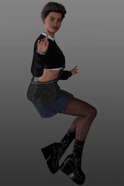 stock image 3D render of a young female character with short hair, wearing a casual outfit. Urban fantasy, Young Adult character.