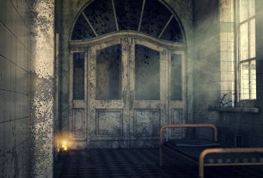 3D görüntüleme, eski terk edilmiş odanın içi. Boş karyolası ve mumları olan sığınma evi. 