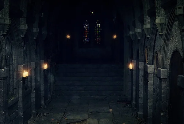 3D çizim, eski şatonun içi, taştan merdivenler şehirdeki vitray pencereye açılıyor..