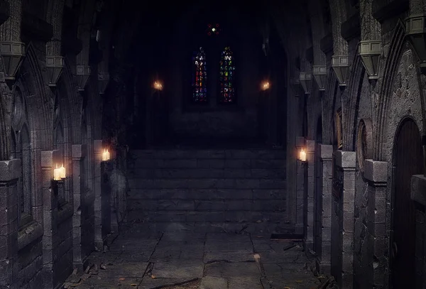 3D çizim, eski şatonun içi, taştan merdivenler şehirdeki vitray pencereye açılıyor..