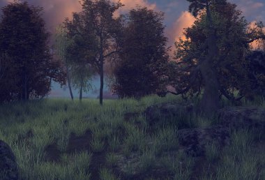 Güzel manzaranın 3 boyutlu bir tasviri. Akşamın erken saatlerinde gökyüzünün arka planına karşı Idyllic korusu. 