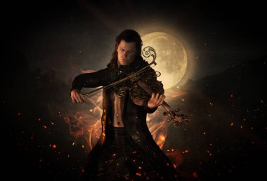 Ürkütücü, karanlık bir manzarada keman çalan uzun saçlı yakışıklı bir adam..