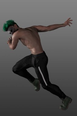 Üç boyutlu üstsüz, yeşil saçlı palyaço resmi. İzole edilmiş bir arkaplanda Joker karakteri. 