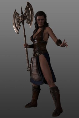 Çift başlı baltalı bir kadın savaşçının üç boyutlu görüntüsü. Efsanevi Fantezi Kadın. İskandinav Tanrıçası. Shieldmaiden.