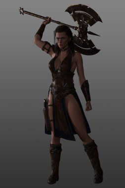Çift başlı baltalı bir kadın savaşçının üç boyutlu görüntüsü. Efsanevi Fantezi Kadın. İskandinav Tanrıçası. Shieldmaiden.