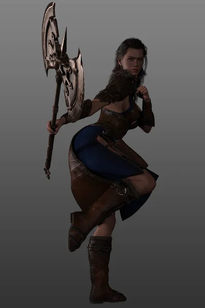 3D渲染了一个双头斧头女战士 史诗般的幻想女性 挪威女神Norse God Ess 护身符 — 图库照片