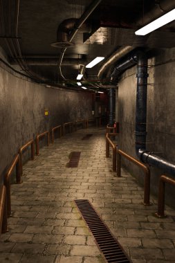 3 boyutlu yeraltı geçidi, garaj ya da metro görüntüleme. Eğri bilim kurgu koridoru.