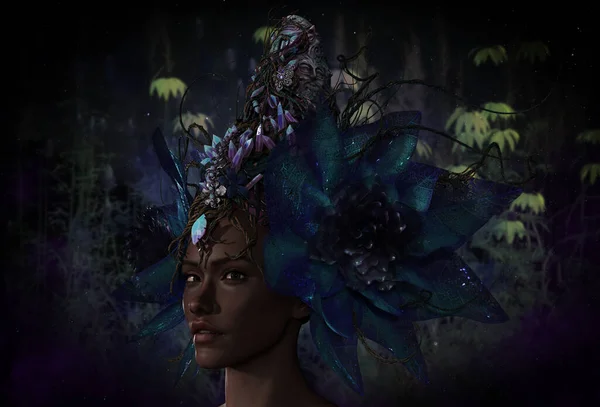 Fantasy Kobieta Tle Kwiatowym Noszenie Korony Kwiaciarni Kryształów Kwiatów — Zdjęcie stockowe