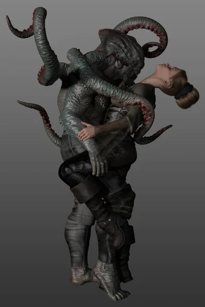 Fantezi bir çiftin 3 boyutlu tasviri. Güzel bir dişi ve erkek bir deniz canavarı.. 