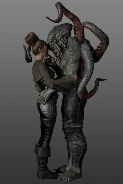 Fantezi bir çiftin 3 boyutlu tasviri. Güzel bir dişi ve erkek bir deniz canavarı.. 