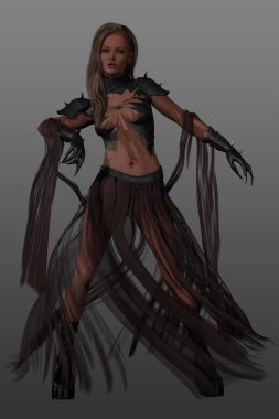 Fantezi kıyafetli, saç kesimi ve dehşet saçı olan güzel bir genç kadın. İzole edilmiş arkaplanda 3D görüntüleme. Uzun eldivenli tırnaklar ve yüzen bir elbise..