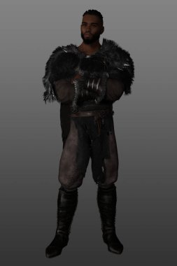 Siyah bir Viking savaşçısının 3 'üncü resmi, gömlekli bir kürk giyiyor.
