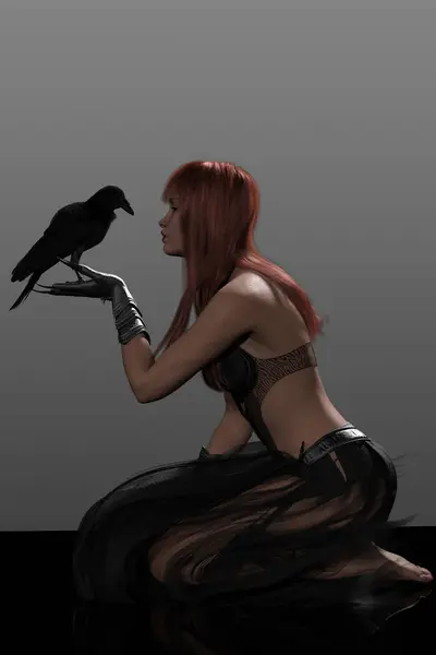 Fantezi kızıl saçlı, fantezi kostümlü, karga eşliğinde, gri bir arkaplanda izole bir kadının 3 boyutlu görüntüsü..