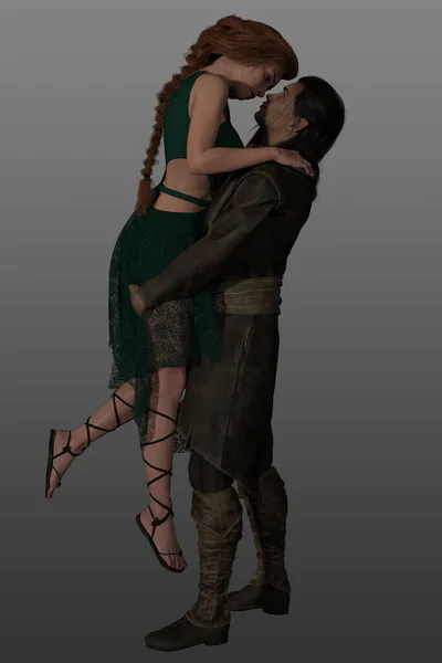 Fantezi kostümlü güzel kızıl saçlı bir kadın ve elf cüppeli yakışıklı bir erkek elf. Kucaklayan çift. 