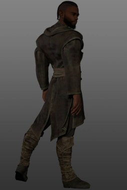 Koyu tenli, cüppeli, gri bir arka planda soyutlanmış bir elf savaşçısı..