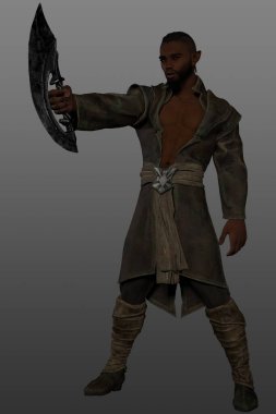 Koyu tenli elf savaşçısının 3 boyutlu görüntüsü. Gri bir arka planda, kılıçlı cübbe giyiyor..