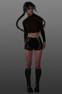 Lateks şort giymiş, diz kapağı ve çizmeleri kesilmiş, uzun siyah saçlı güzel bir kadının 3 boyutlu görüntüsü..