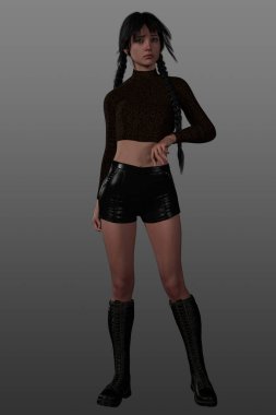Lateks şort giymiş, diz kapağı ve çizmeleri kesilmiş, uzun siyah saçlı güzel bir kadının 3 boyutlu görüntüsü..