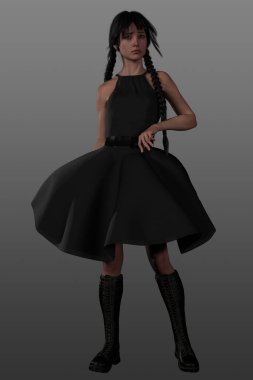 Siyah elbiseli, diz boyu çizmeli, uzun siyah saçlı güzel bir kız.. 