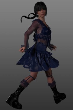 Mavi dantelli, uzun siyah saçlı güzel bir kadının 3 boyutlu görüntüsü. Gri bir arkaplanda izole edilmiş.