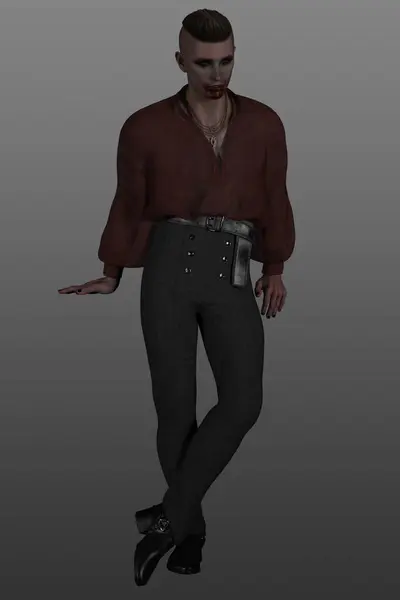 Ağzının etrafında kan olan erkek bir vampirin 3 boyutlu görüntüsü, gri bir arka planda izole edilmiş..