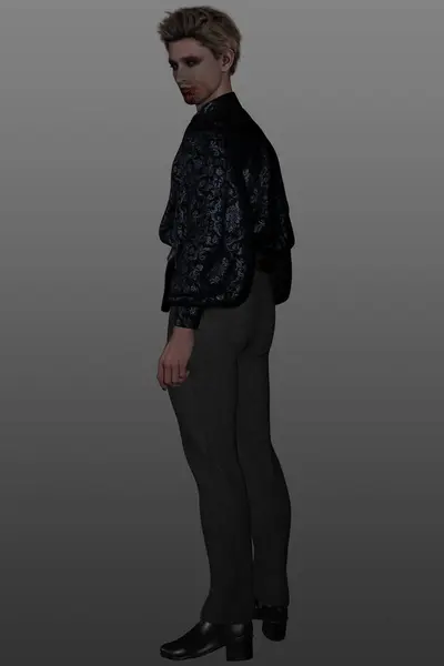 Ağzının etrafında kan olan erkek bir vampirin 3 boyutlu görüntüsü, gri bir arka planda izole edilmiş..