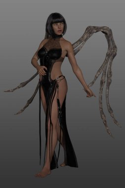 Siyah kısa saç stili, şeytan kanatları ve siyah minimal elbisesi olan üç boyutlu güzel bir fantezi perisi. Gri bir arkaplanda izole edilmiş.