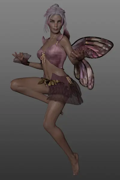 Üç boyutlu güzel bir fantezi perisi, beyaz ve pembe saçlı, pembe inci kanatlı ve pembe elbiseli. Gri bir arkaplanda izole edilmiş.